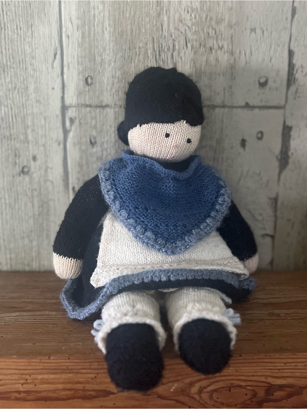 Vintage Hand-Knit Blue and White Rag Doll